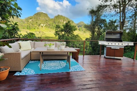 Vast deck and a stunning mountain panorama.