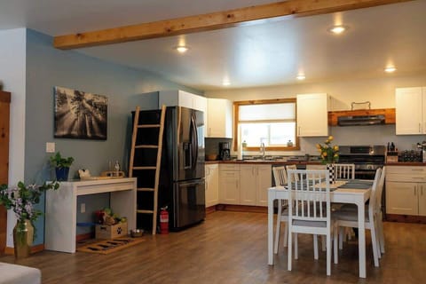 Kitchen and dog feeding / toy box area