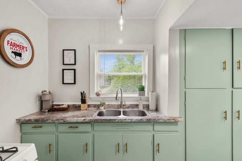 Charming kitchen sink area featuring unique pastel green cabinets, a double sink, and delightful farmhouse decor. 🧑‍🍳🌿