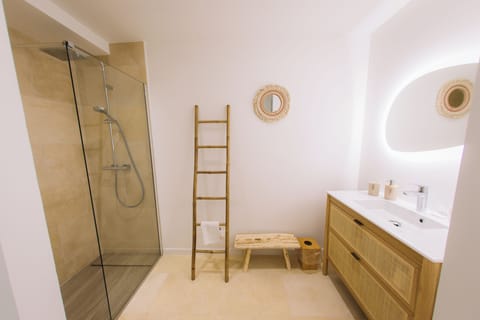 Rainfall showerhead, hair dryer, towels