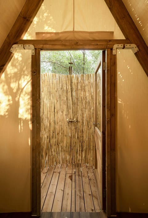 Shower, rainfall showerhead, designer toiletries, hair dryer