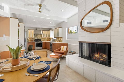 Dining into Kitchen with Fireplace