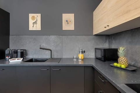 Modern kitchen with matte black cabinets, built-in appliances and natural wood accents.