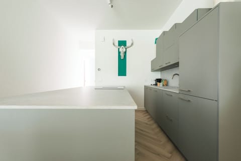 Sleek kitchen with grey cabinetry, integrated appliances, and minimalist decor, complemented by bright lighting and a clean design.