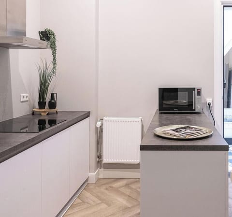 Shared kitchen space featuring sleek, modern design with functional countertops, offering a stylish environment for meal preparation.