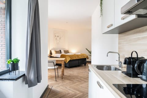 A cozy, budget-friendly, affordable studio room featuring a comfortable bed and a small dining area, with kitchen near Safaripark Beekse Bergen.
