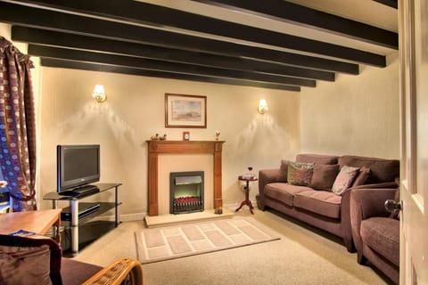 Sitting room with a three seater sofa, armchairs, TV/DVD on stand and electric fire