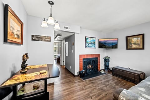 The view just inside the front door. The kitchen is located between the living room and bedroom.