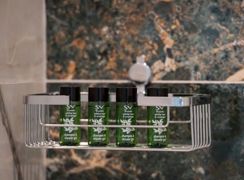 Shower, rainfall showerhead, hair dryer, slippers