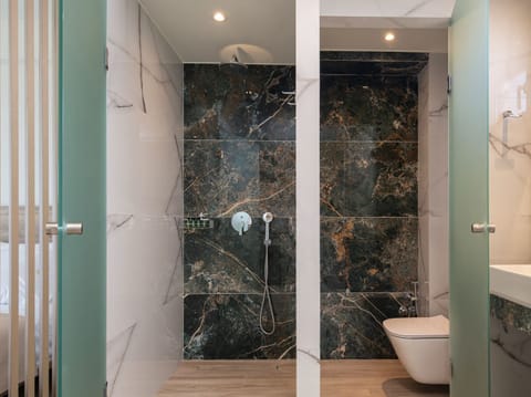 Shower, rainfall showerhead, hair dryer, slippers