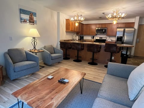 Beautiful interior in the open concept living area and kitchen with bar