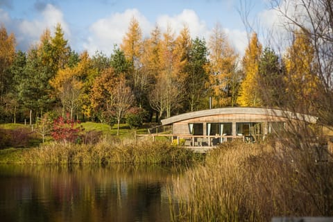 Exterior of Charlie lodge at Brompton Lakes with lakeside views and woodland in North Yorkshire.
