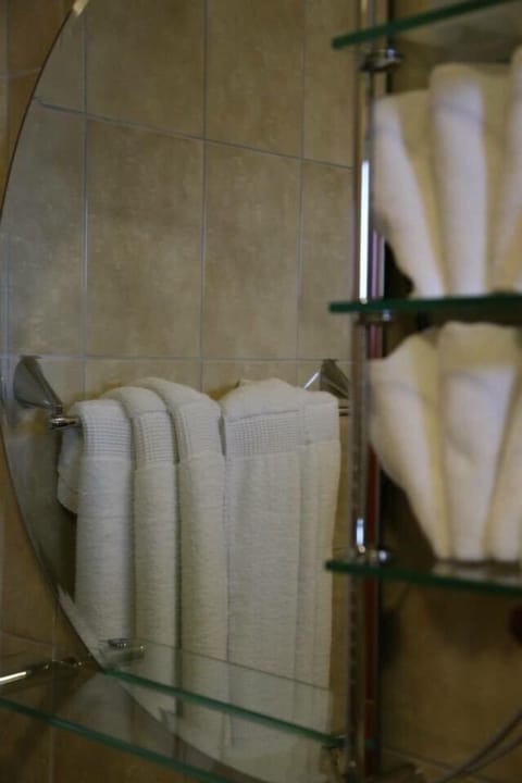 Rainfall showerhead, hair dryer, bathrobes, towels