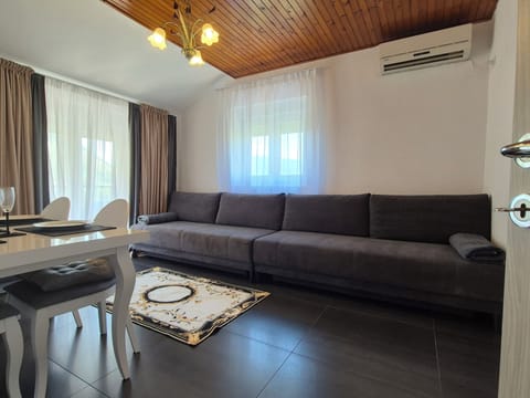 The air-conditioned living room has 2 unfoldable sofas that can accommodate 4.