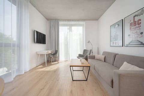 A bright living room with a comfortable sofa bed, coffee table, and a large window letting in natural light. Ideal for relaxing or socializing.