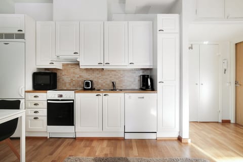 Basic Apartment, City View | Private kitchen | Full-size fridge, microwave, oven, stovetop