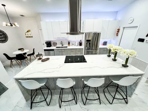 Sleek, modern kitchen with waterfall island—perfect for gourmet meals.