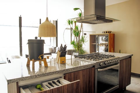 Exclusive Apartment | Private kitchen | Fridge, microwave, oven, stovetop