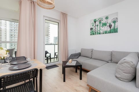  A bright, modern living room with a grey sectional sofa, light wood flooring, and a large window letting in natural light. A small black coffee table with a plant on top completes the cozy setup.