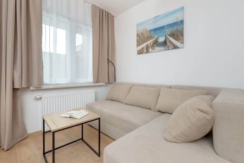 Living room with sofa bed and coffee table.