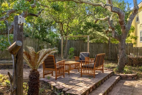 Outdoor seating in the shade