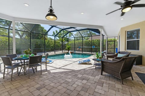 View from the living room sliding doors leading out onto pool patio.
