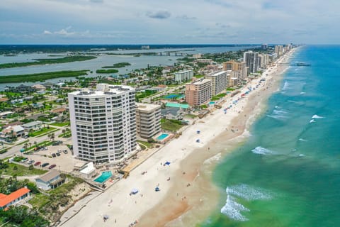 Birds Eye view of the building and the beach 