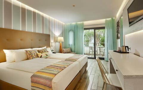 Premium bedding, memory foam beds, laptop workspace, soundproofing