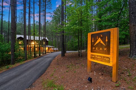 Stunning driveway entrance with luxurious lodge and professional landscape lighting