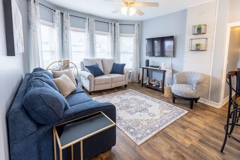 Living room with queen sleeper sofa.