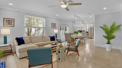 The living room flows into the dining area...