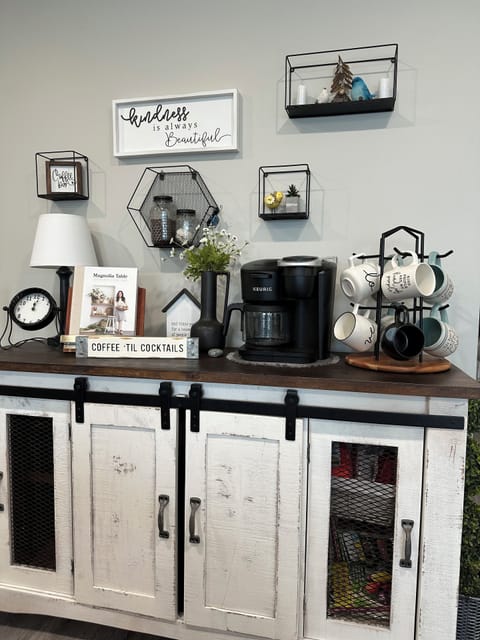 Main floor coffee bar with Keurig Duo — K-cups provided!