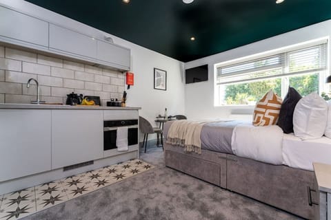 Spacious studio with kitchen and seating area