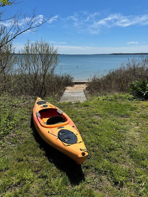 Private sandy beach with breathtaking view of Shelter Island to Sag Harbor.