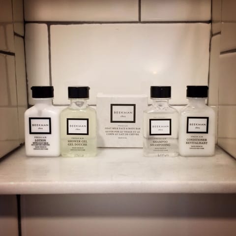 Shower, free toiletries, hair dryer, towels