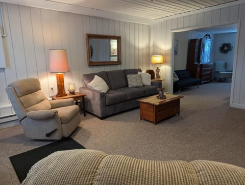Large living room with queen size pullout couch.