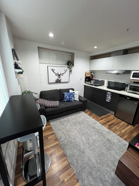 Living with bar dining table/stools/coffee table by the 65" smart TV 