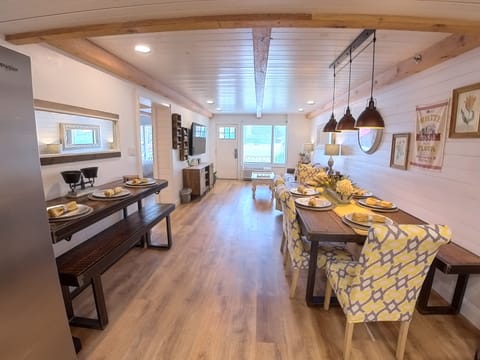 View from kitchen of dining room and living room.