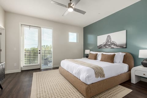 Bedroom features King Bed with Ceiling Fan and Hotel Quality Linens