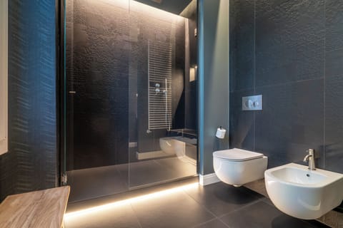 Shower, rainfall showerhead, hair dryer, bathrobes