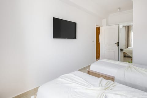 This inviting bedroom features two twin beds, perfect for a comfortable stay for two guests and a flat screen TV.