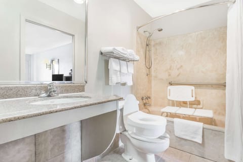 Combined shower/tub, free toiletries, hair dryer, towels