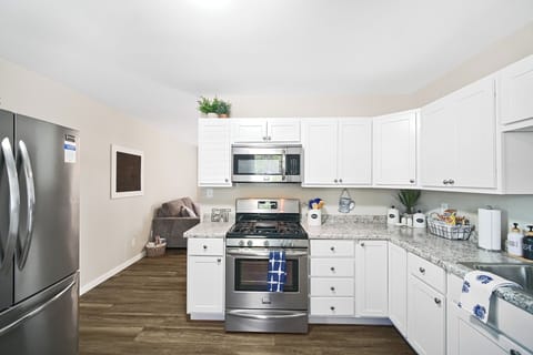 Kitchen view into living room 