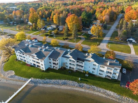 Your condo is the lower right corner condo. Walk out from back door to your patio and lawn. 

Park in the lot where you see the white SUV in the photo (on the right).