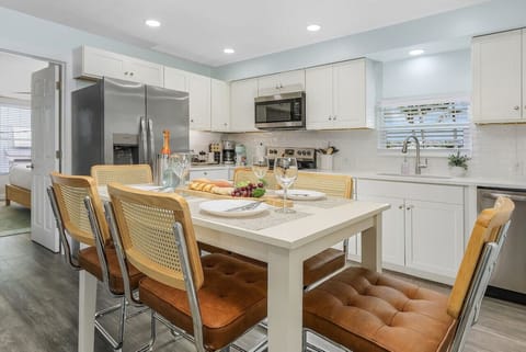 Fully equipped kitchen for those days when you want to prepare your own meals. Dishwasher, refrigerator/freezer, microwave, stove and smaller appliances, including a toaster, coffee maker, Keurig, and blender.