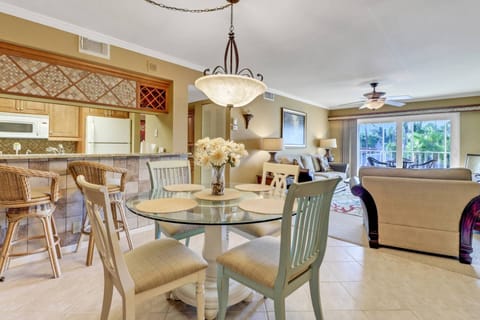 The dining area is open to the main living area and convenient to the kitchen as well.
