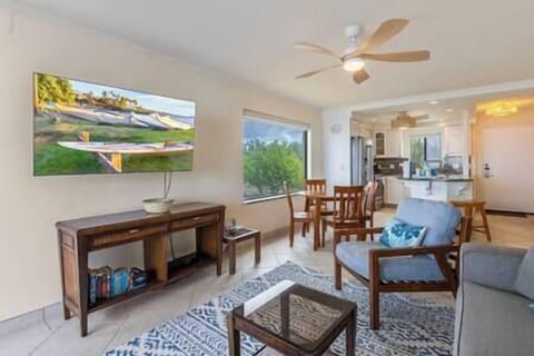 Beautiful coastal aesthetic with sofa sleeper, central AC, ceiling fan, and smart TV with cable