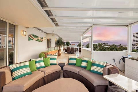 The oversized terrace offers ample seating for dining and conversations.