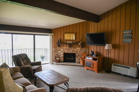 Living room seating, TV with Roku stick and gas fireplace