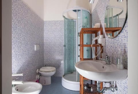 Shower, hair dryer, towels, toilet paper